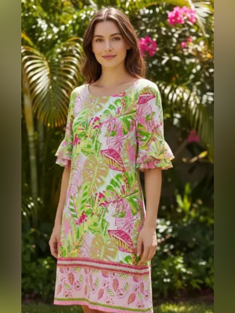 Pappagallo Erika Flutter Sleeve Tropical Shift Dress Women's Size S Green Pink